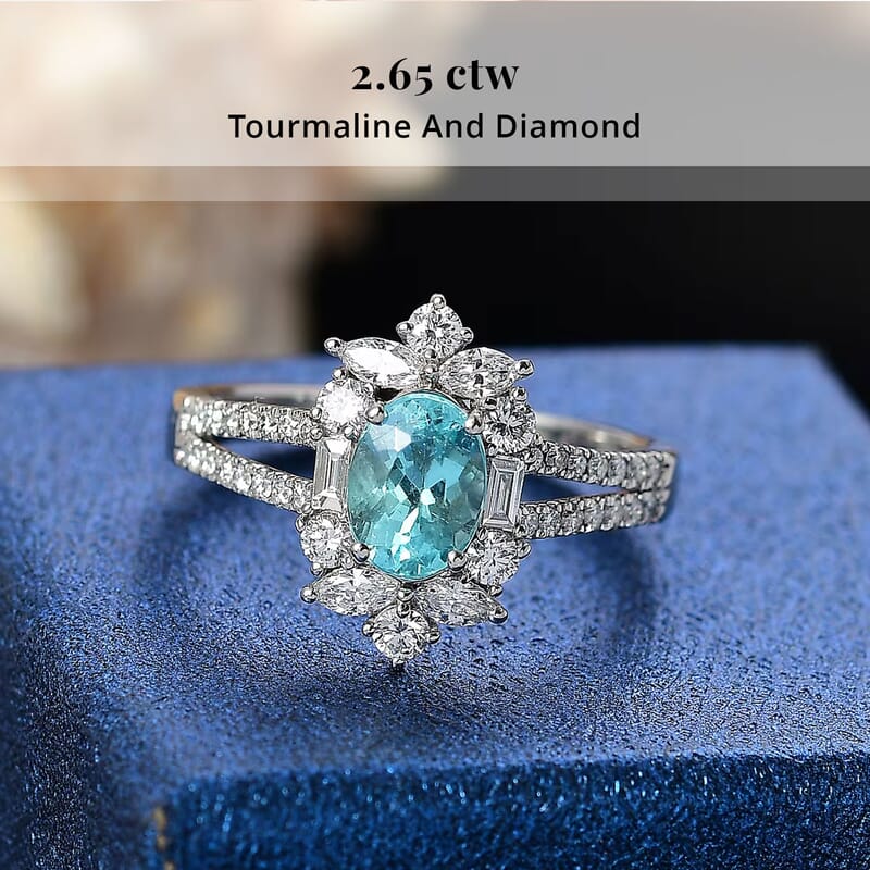 Certified & Appraised Rhapsody 950 Platinum AAAA Paraiba Tourmaline, Diamond (E-F, VS2) (1.30 cts) Ring (Size 9.0) (6.70 g) 2.65 ctw