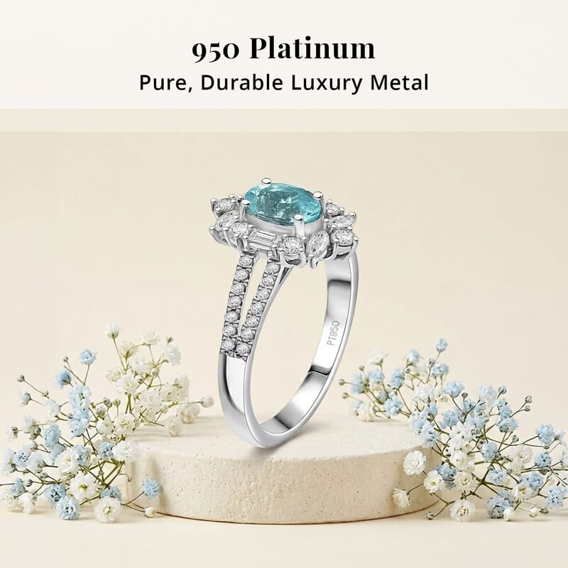 Certified & Appraised Rhapsody 950 Platinum AAAA Paraiba Tourmaline, Diamond (E-F, VS2) (1.30 cts) Ring (Size 9.0) (6.70 g) 2.65 ctw