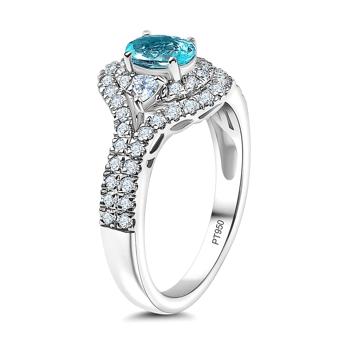 Certified & Appraised Rhapsody AAAA Paraiba Tourmaline and E-F VS2 Diamond 2.00 ctw Ring in 950 Platinum (Size 7.0) 7.60 Grams image number 3