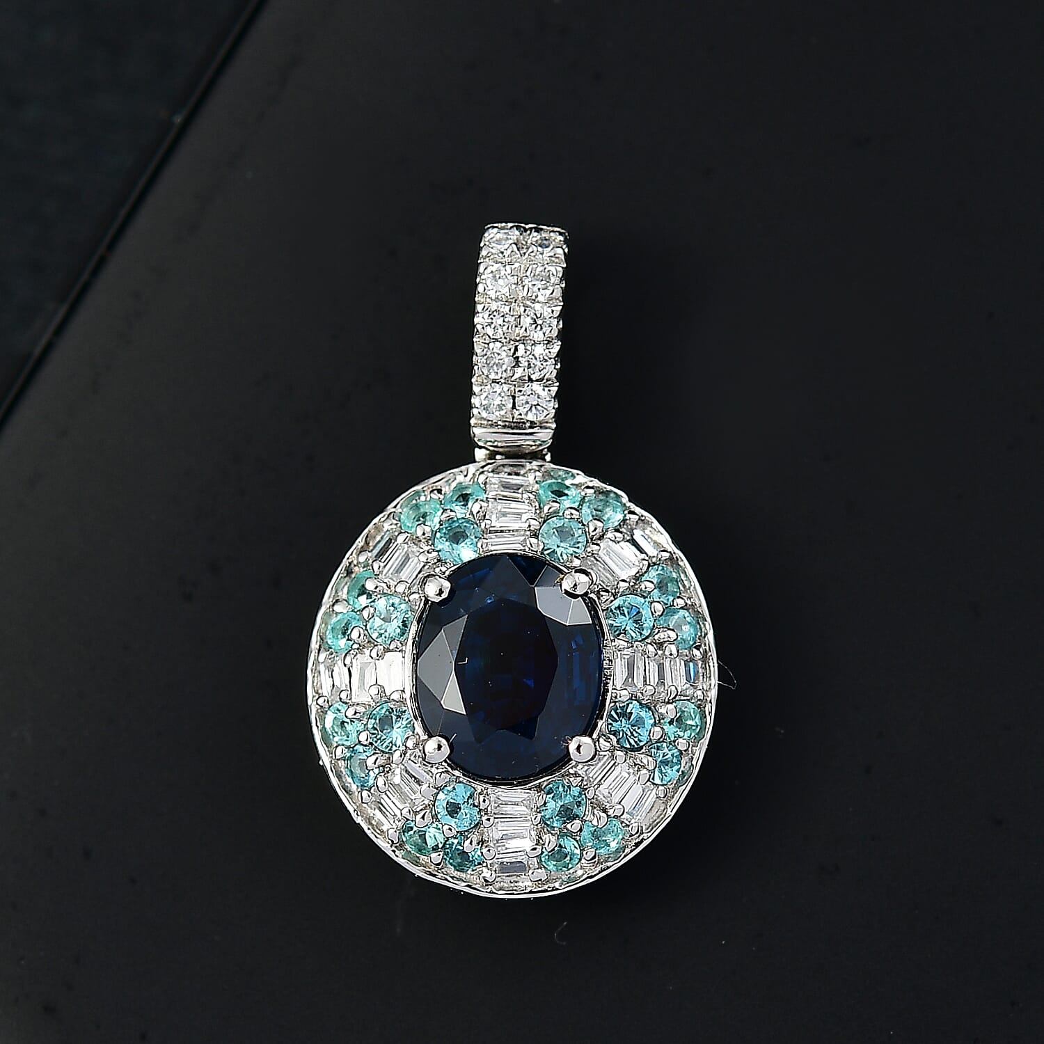 Certified & Appraised Rhapsody AAAA Ceylon Blue Sapphire, AAAA Paraiba Tourmaline and E-F VS Diamond 1.91 ctw Pendant without Chain in 950 Platinum