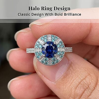 Certified & Appraised Rhapsody 950 Platinum AAAA Ceylon Blue Sapphire, Paraiba Tourmaline and Diamond (E-F, VS) (0.20 cts) Ring (Size 10.0) (6.50 g) 2.00 ctw