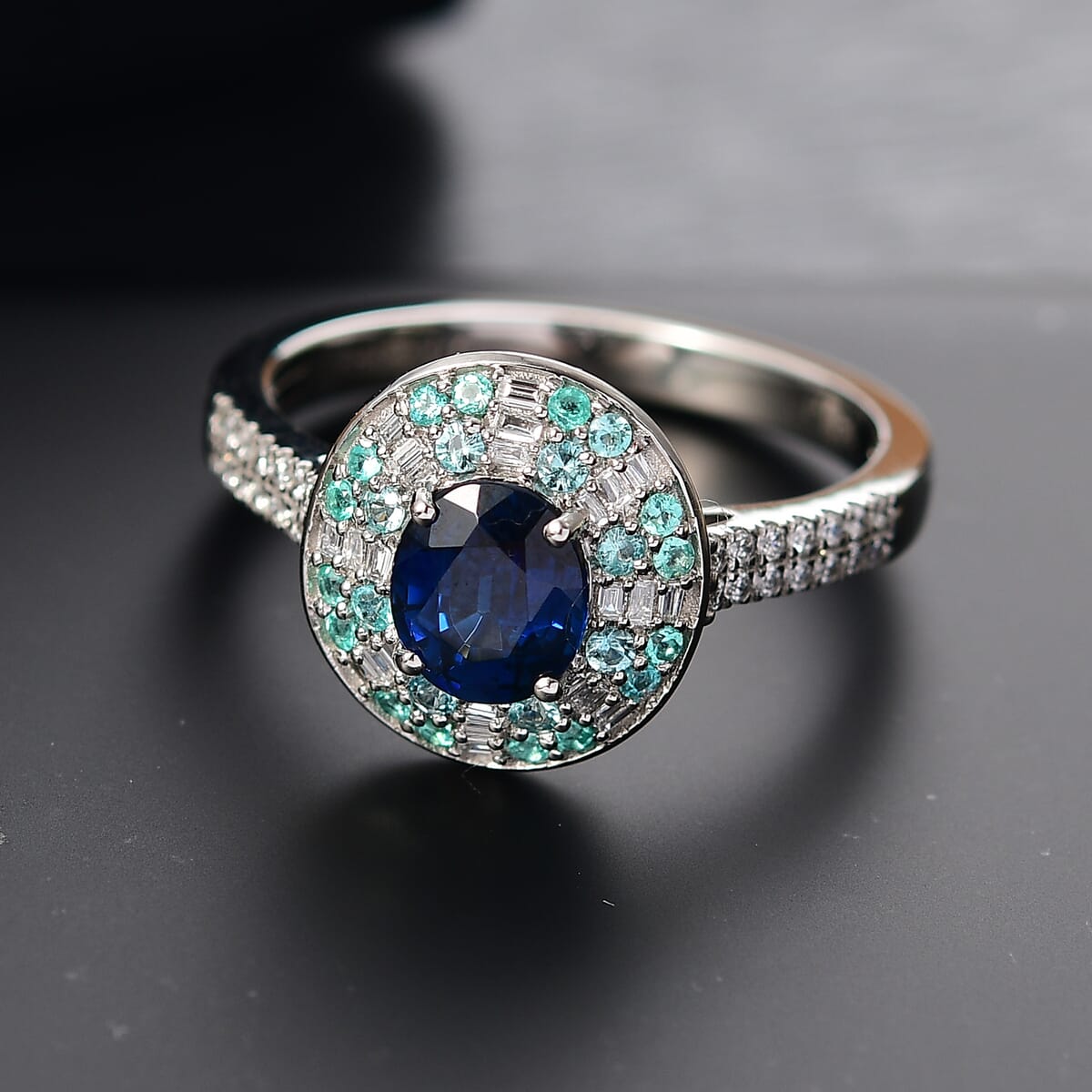 Certified & Appraised Rhapsody AAAA Ceylon Blue Sapphire, Paraiba Tourmaline and E-F VS Diamond 2.00 ctw Ring in 950 Platinum (Size 6.0) 6.50 Grams image number 1