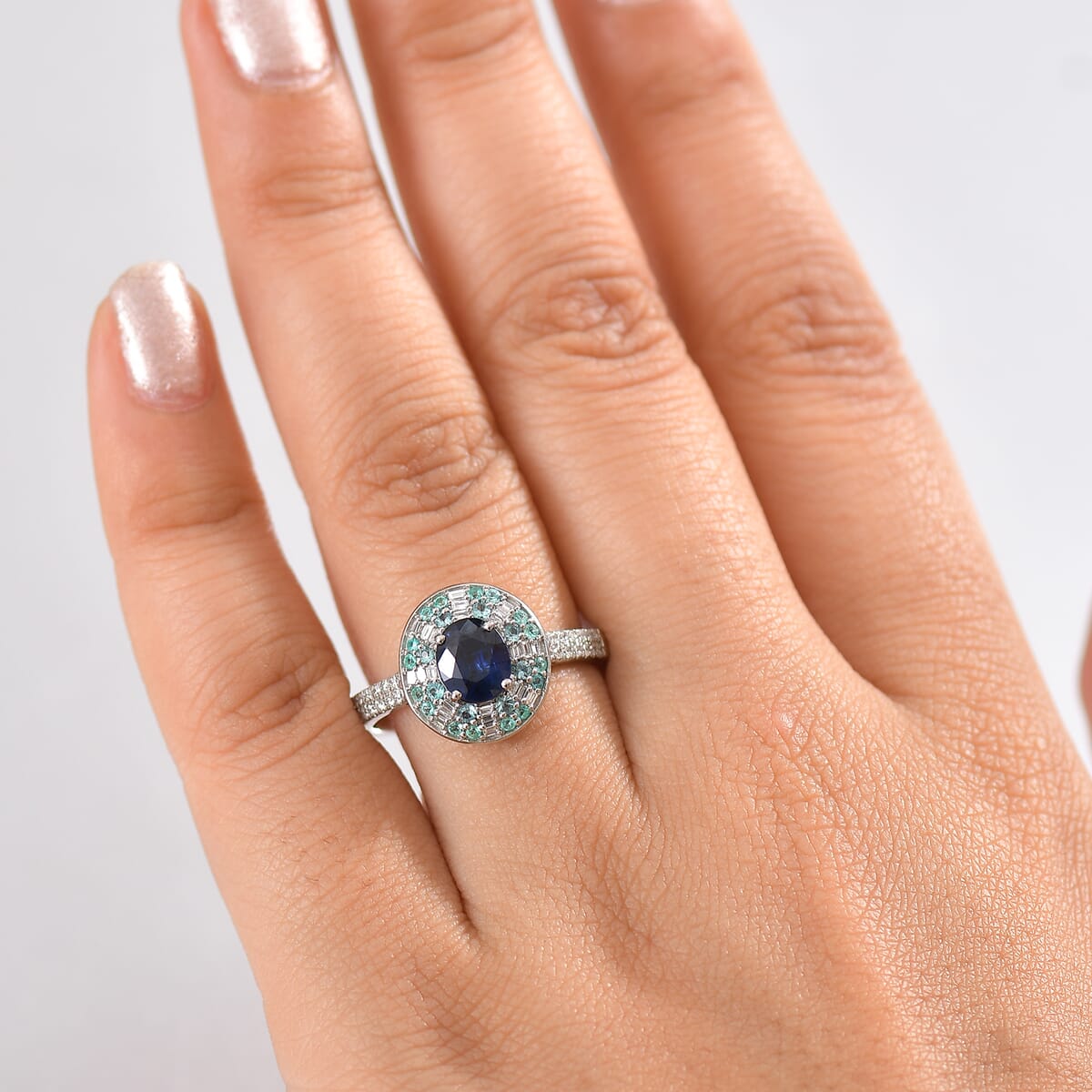 Certified & Appraised Rhapsody AAAA Ceylon Blue Sapphire, Paraiba Tourmaline and E-F VS Diamond 2.00 ctw Ring in 950 Platinum (Size 6.0) 6.50 Grams image number 2