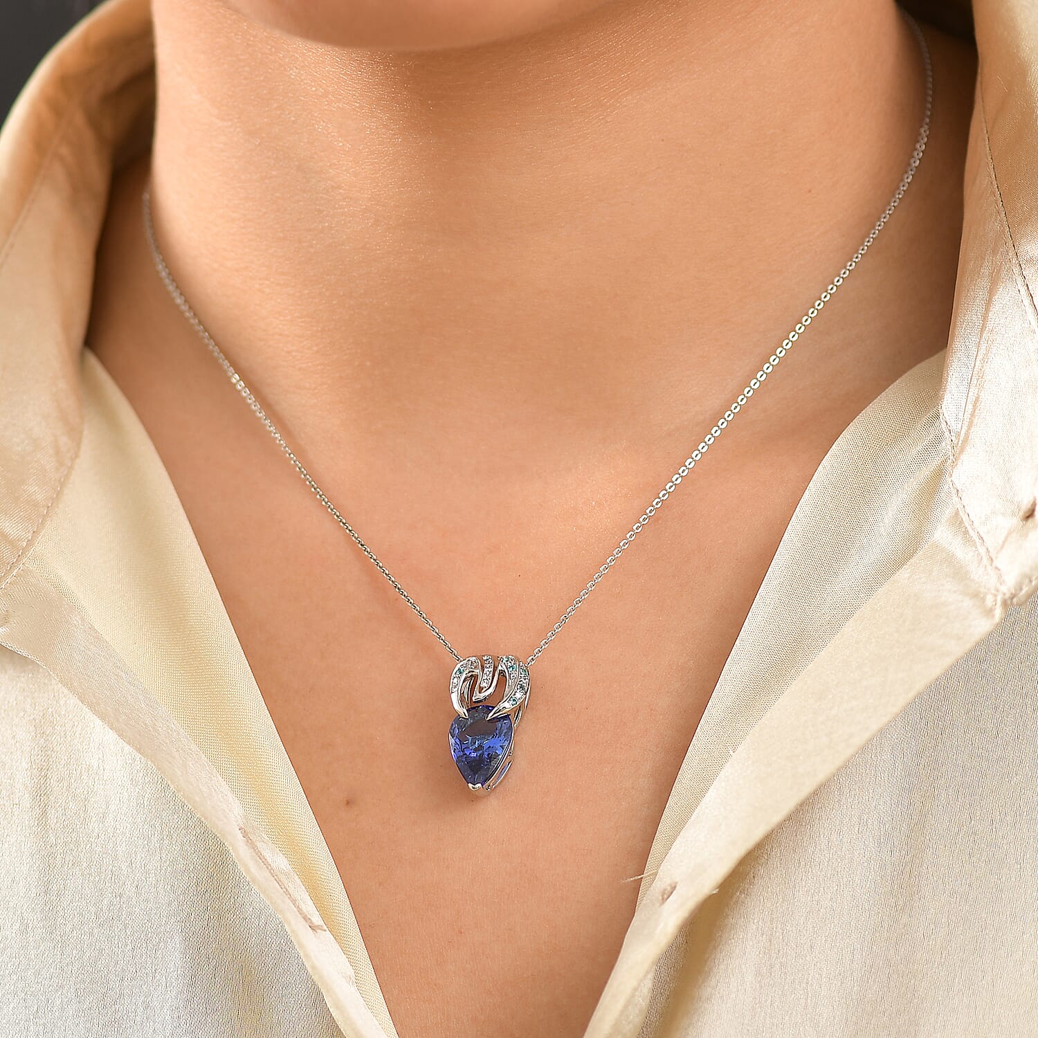 Certified & Appraised Rhapsody AAAA Tanzanite, AAAA Paraiba Tourmaline and E-F VS2 Diamond 3.75 ctw Pendant in 950 Platinum 4.30 Grams