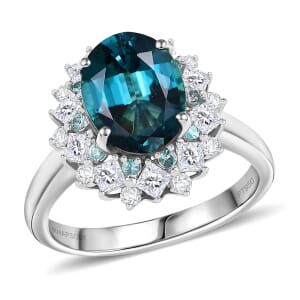 Certified & Appraised Rhapsody AAAA Pirineu Lagoon Tourmaline, Paraiba Tourmaline and E-F VS2 Diamond 6.10 ctw Ring in 950 Platinum (Size 6.0) 8.30 Grams