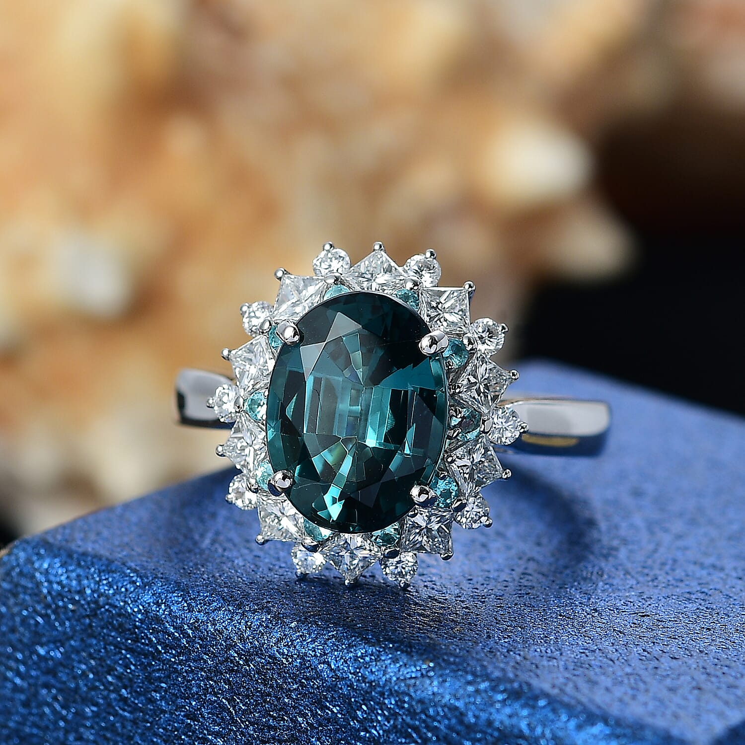Certified & Appraised Rhapsody AAAA Lagoon Tourmaline, Paraiba Tourmaline and E-F VS2 Diamond 6.10 ctw Ring in 950 Platinum (Size 6.0) 8.30 Grams
