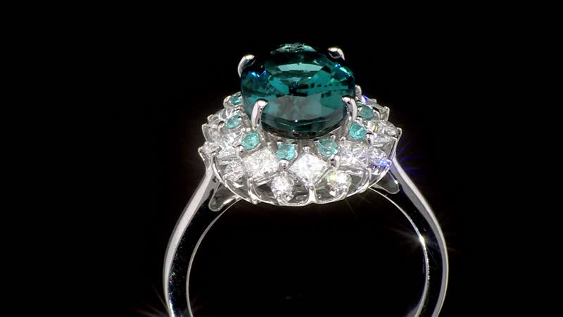 Certified & Appraised Rhapsody AAAA Lagoon Tourmaline, Paraiba Tourmaline and E-F VS2 Diamond 6.10 ctw Ring in 950 Platinum (Size 6.0) 8.30 Grams