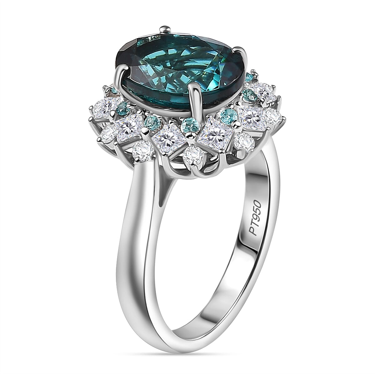 Certified & Appraised Rhapsody AAAA Pirineu Lagoon Tourmaline, Paraiba Tourmaline and E-F VS2 Diamond 6.10 ctw Ring in 950 Platinum (Size 7.0) 8.30 Grams