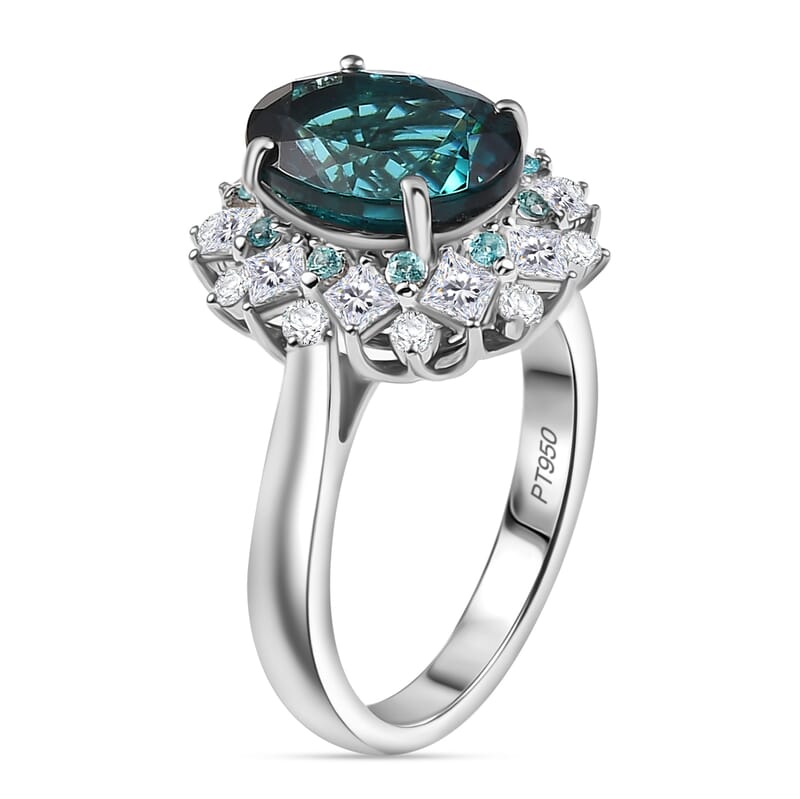 Certified & Appraised Rhapsody AAAA Pirineu Lagoon Tourmaline, Paraiba Tourmaline and E-F VS2 Diamond 6.10 ctw Ring in 950 Platinum (Size 7.0) 8.30 Grams