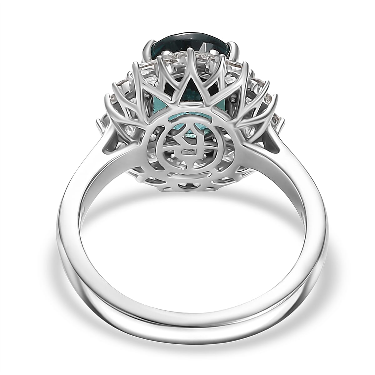 Certified & Appraised Rhapsody AAAA Pirineu Lagoon Tourmaline, Paraiba Tourmaline and E-F VS2 Diamond 6.10 ctw Ring in 950 Platinum (Size 7.0) 8.30 Grams