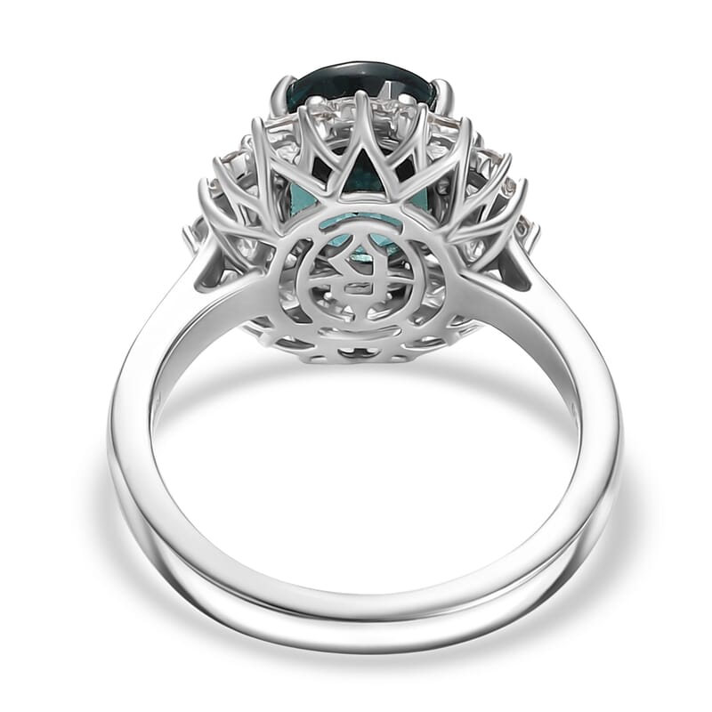Certified & Appraised Rhapsody AAAA Pirineu Lagoon Tourmaline, Paraiba Tourmaline and E-F VS2 Diamond 6.10 ctw Ring in 950 Platinum (Size 7.0) 8.30 Grams
