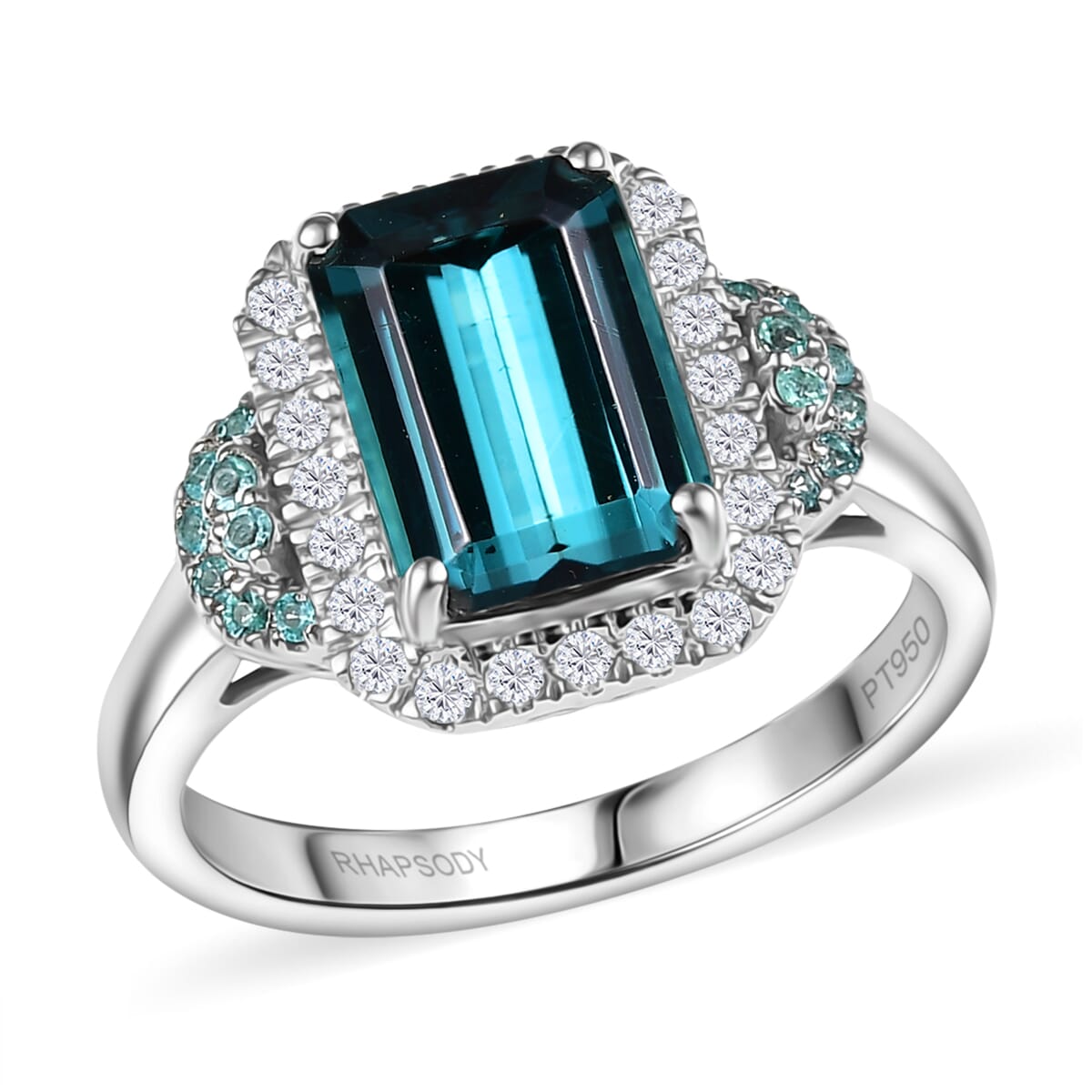 Rhapsody 950 Platinum AAAA Lagoon Tourmaline, Paraiba Tourmaline and Diamond (E-F, VS2) (0.41 cts) Halo Ring (Size 10.0) (7.90 g) 4.16 ctw image number 0