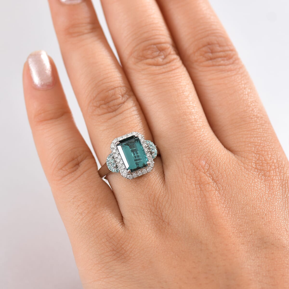 Rhapsody 950 Platinum AAAA Lagoon Tourmaline, Paraiba Tourmaline and Diamond (E-F, VS2) (0.41 cts) Halo Ring (Size 10.0) (7.90 g) 4.16 ctw image number 2