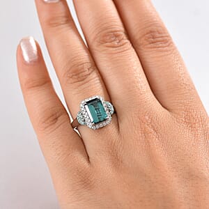 Rhapsody 950 Platinum AAAA Lagoon Tourmaline, Paraiba Tourmaline and Diamond (E-F, VS2) (0.41 cts) Halo Ring (Size 10.0) (7.90 g) 4.16 ctw