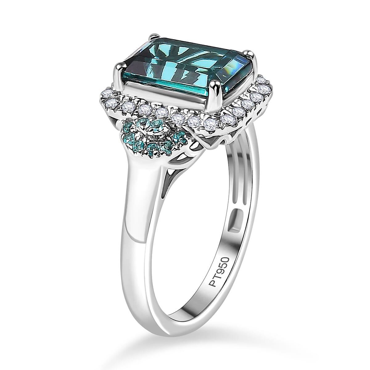 Certified & Appraised Rhapsody 950 Platinum AAAA Lagoon Tourmaline, Paraiba Tourmaline and Diamond (E-F, VS2) (0.41 cts) Halo Ring (Size 10.0) (7.90 g) 4.16 ctw