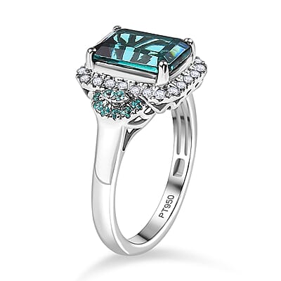 Certified & Appraised Rhapsody 950 Platinum AAAA Lagoon Tourmaline, Paraiba Tourmaline and Diamond (E-F, VS2) (0.41 cts) Halo Ring (Size 10.0) (7.90 g) 4.16 ctw