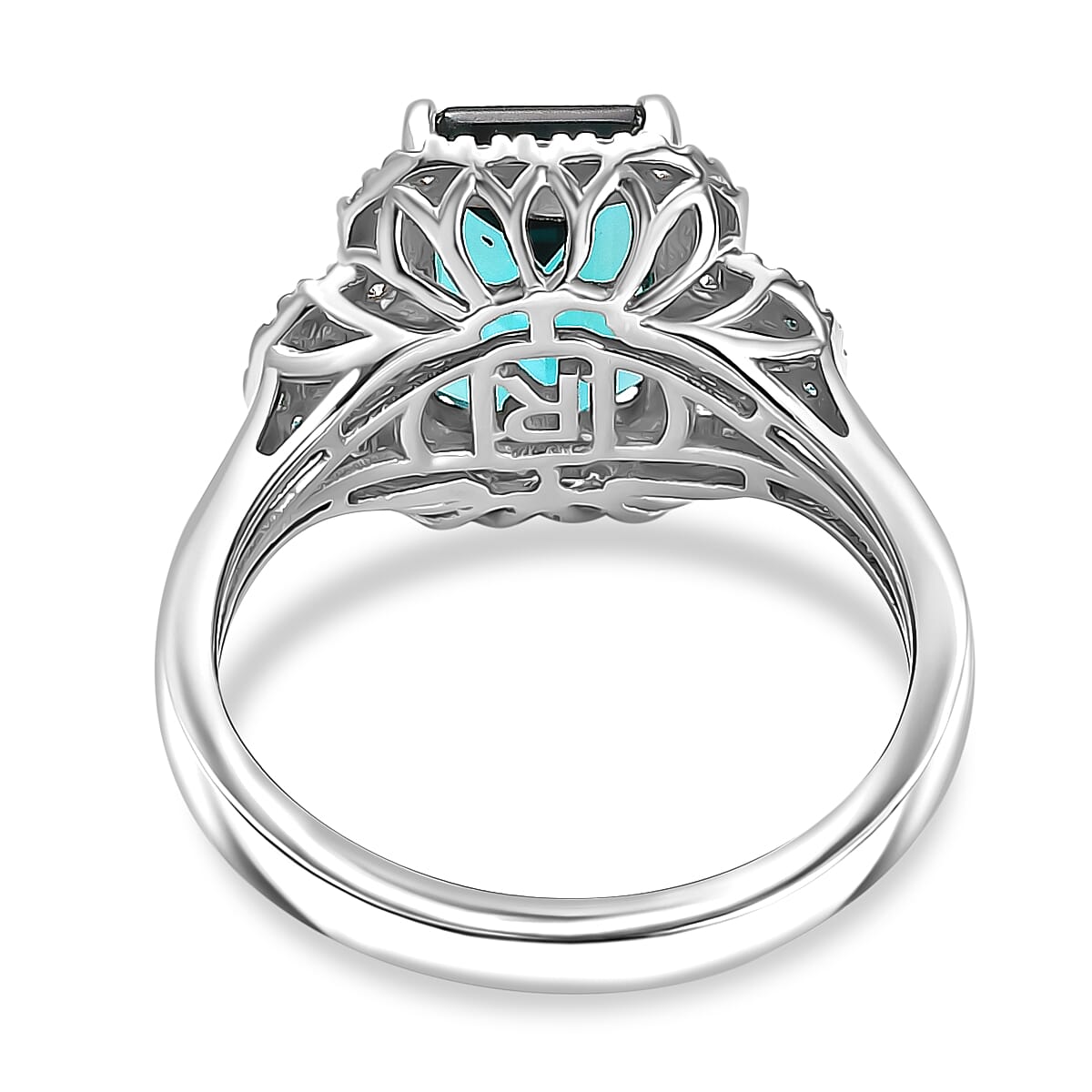 Certified & Appraised Rhapsody 950 Platinum AAAA Lagoon Tourmaline, Paraiba Tourmaline and Diamond (E-F, VS2) (0.41 cts) Halo Ring (Size 10.0) (7.90 g) 4.16 ctw