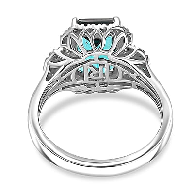 Certified & Appraised Rhapsody 950 Platinum AAAA Lagoon Tourmaline, Paraiba Tourmaline and Diamond (E-F, VS2) (0.41 cts) Halo Ring (Size 10.0) (7.90 g) 4.16 ctw