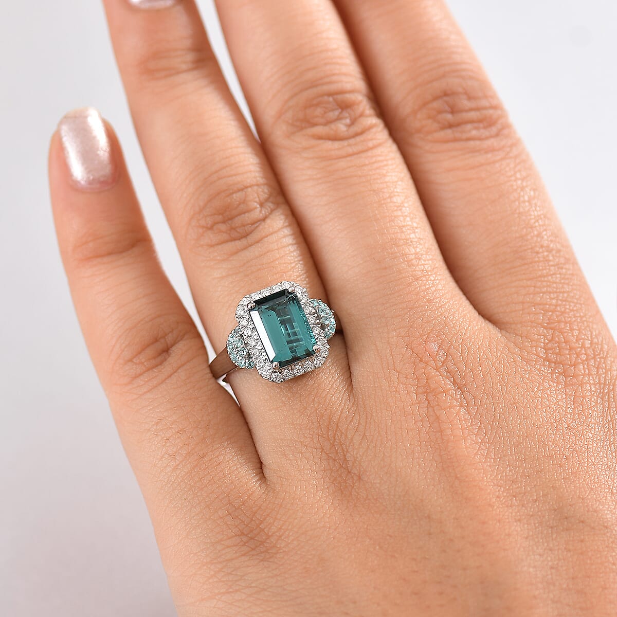 Certified & Appraised Rhapsody AAAA Lagoon Tourmaline, Paraiba Tourmaline and E-F VS2 Diamond 4.16 ctw Halo Ring in 950 Platinum (Size 8.0) 7.90 Grams (Del. in 10-12 Days)  image number 2