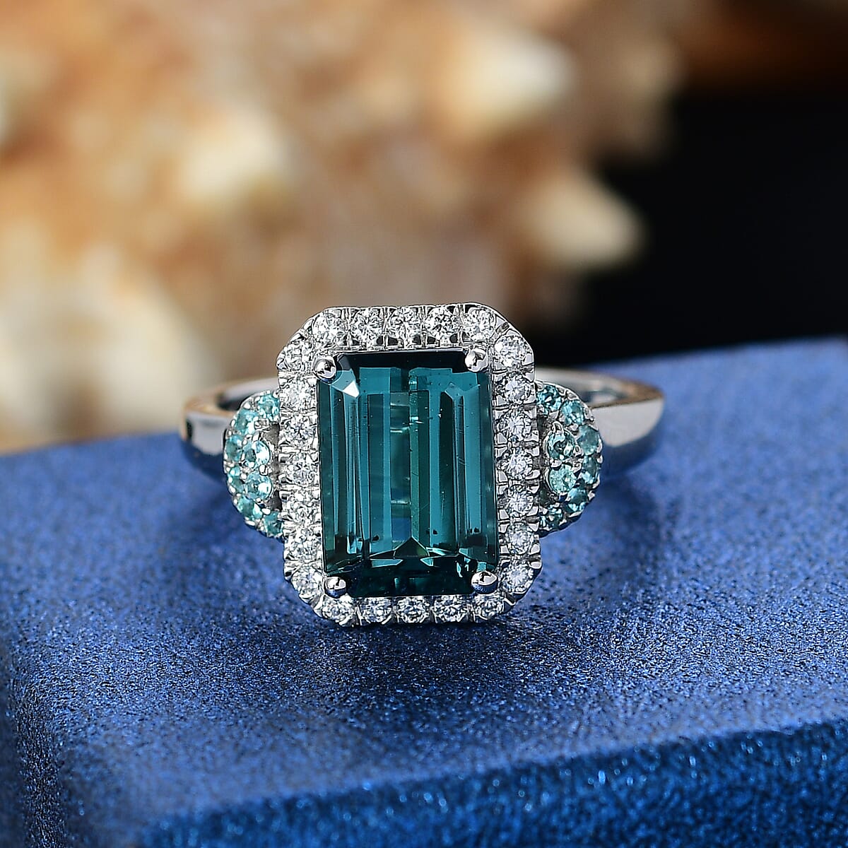 Certified & Appraised Rhapsody AAAA Lagoon Tourmaline, Paraiba Tourmaline and E-F VS2 Diamond 4.16 ctw Halo Ring in 950 Platinum (Size 9.0) 7.90 Grams image number 1