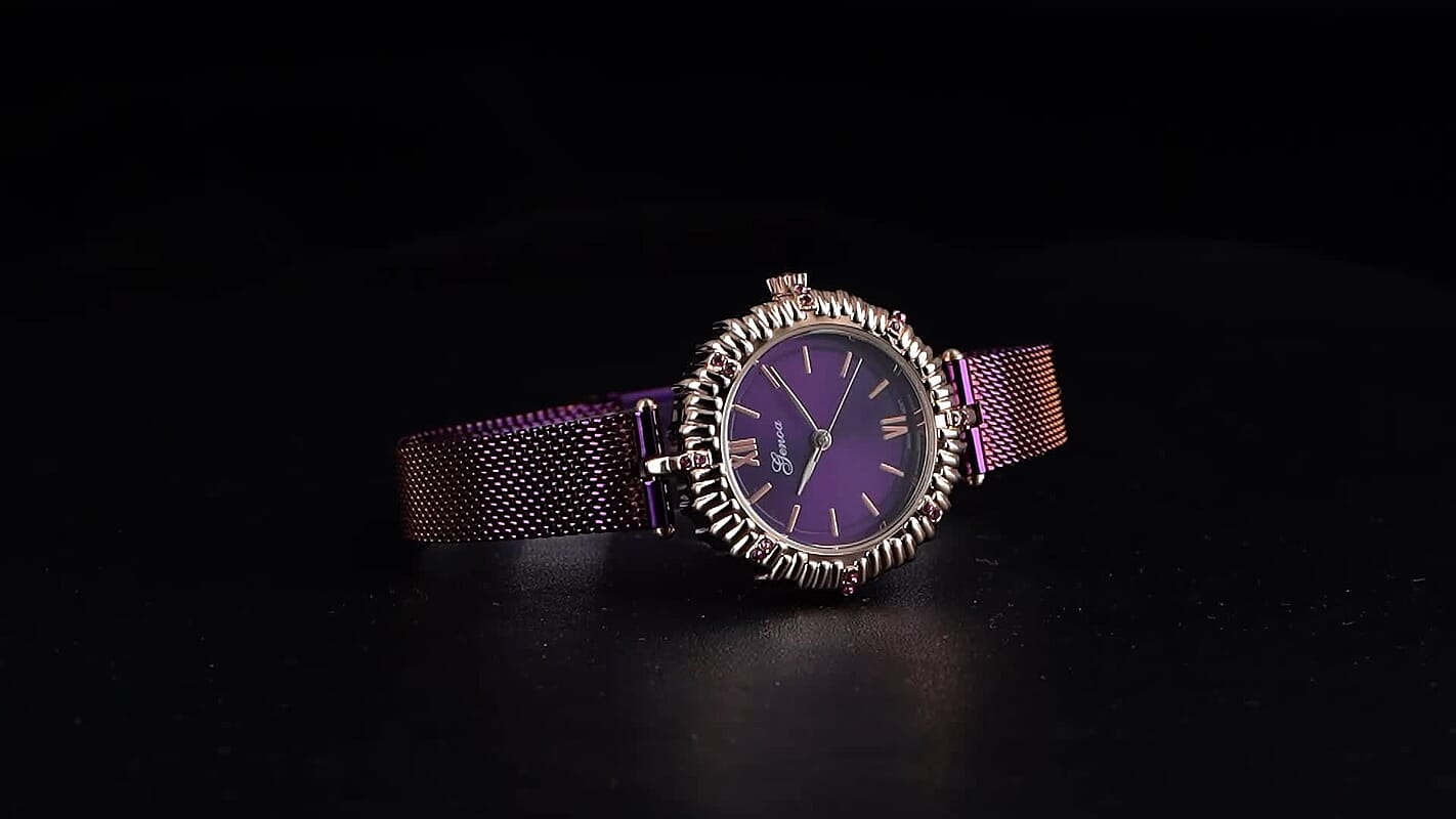 Genoa Purple Austrian Crystal Japanese Movement Watch with ION Plated Purple Stainless Steel Mesh Strap