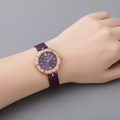 Genoa Purple Austrian Crystal Japanese Movement Watch with ION Plated Purple Stainless Steel Mesh Strap