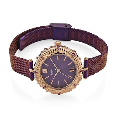 Genoa Purple Austrian Crystal Japanese Movement Watch with ION Plated Purple Stainless Steel Mesh Strap