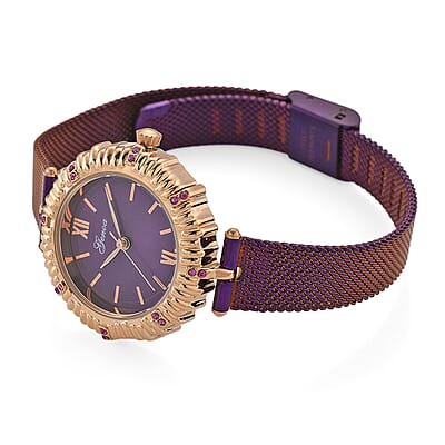 Genoa Purple Austrian Crystal Japanese Movement Watch with ION Plated Purple Stainless Steel Mesh Strap