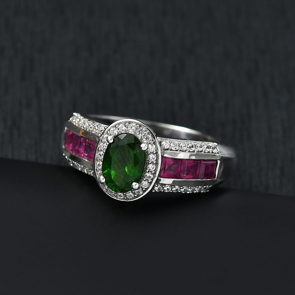 Chrome Diopside, Multi Gemstone Starlit Halo Ring in Rhodium Over Sterling Silver (Size 10.0) 2.00 ctw image number 1