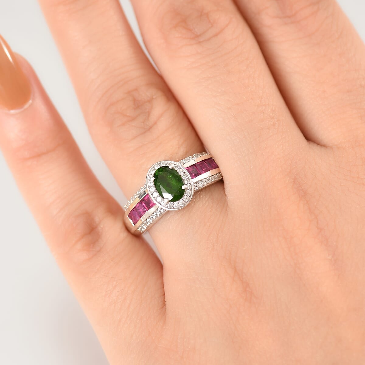 Chrome Diopside, Multi Gemstone Starlit Halo Ring in Rhodium Over Sterling Silver (Size 10.0) 2.00 ctw image number 2