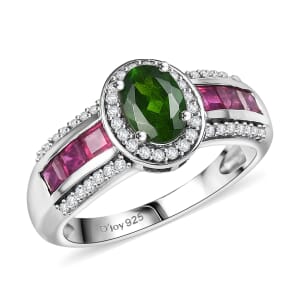 D'Joy Chrome Diopside and Multi Gemstone 2.00 ctw Starlit Halo Ring in Rhodium Over Sterling Silver (Size 6.0)