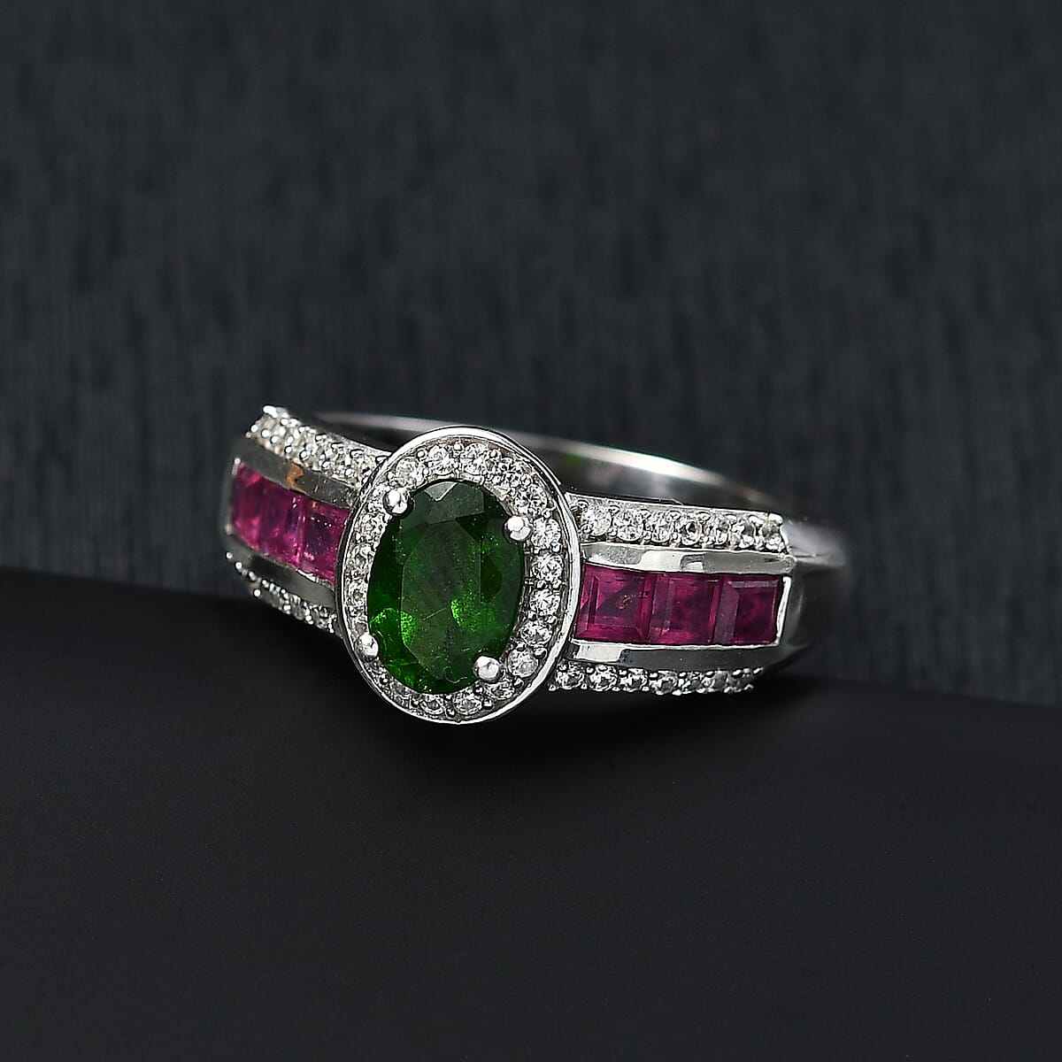 D'Joy Chrome Diopside and Multi Gemstone 2.00 ctw Starlit Halo Ring in Rhodium Over Sterling Silver (Size 7.0) image number 1