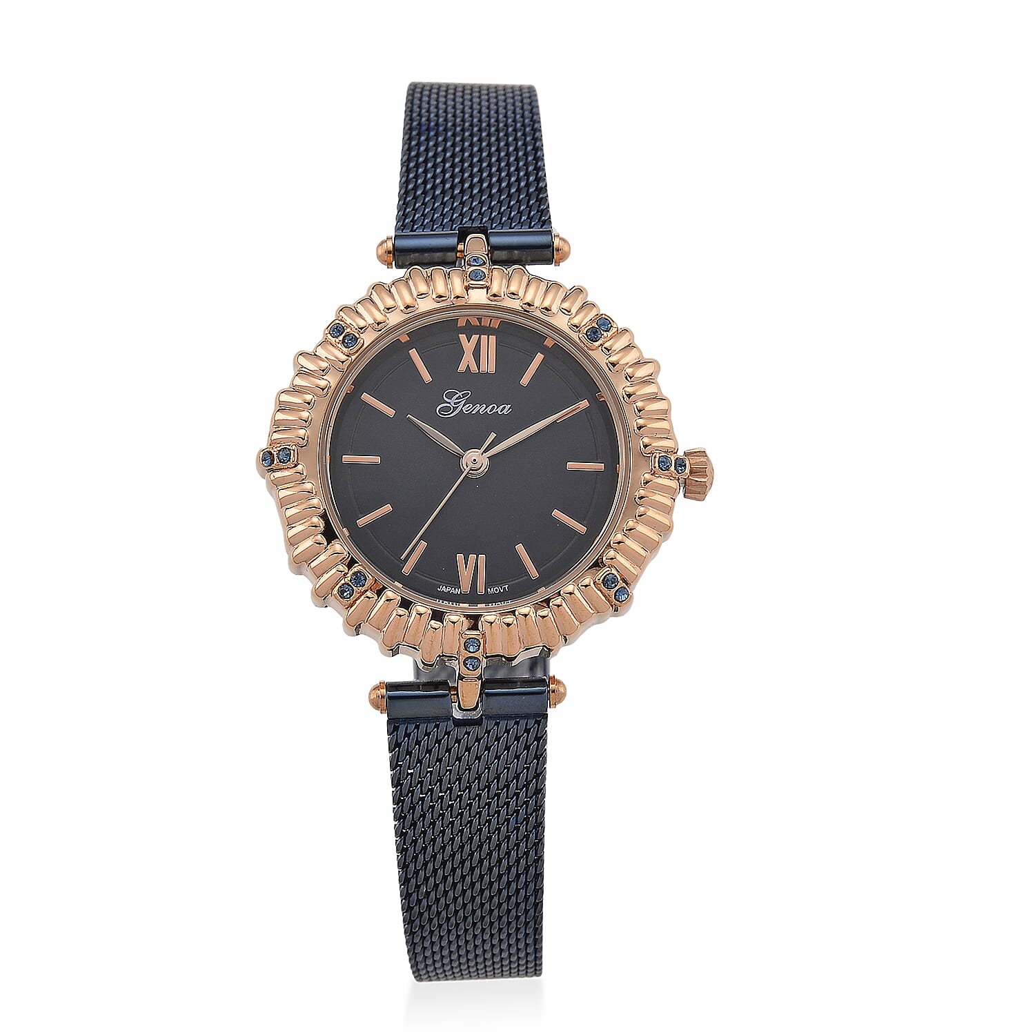 Mineral Crystal Mesh Bracelet Dress Watch with Japanese Quartz Movement Vintage Nivada Quartz Watch — Blue Linen Dial and Braided  main image 3