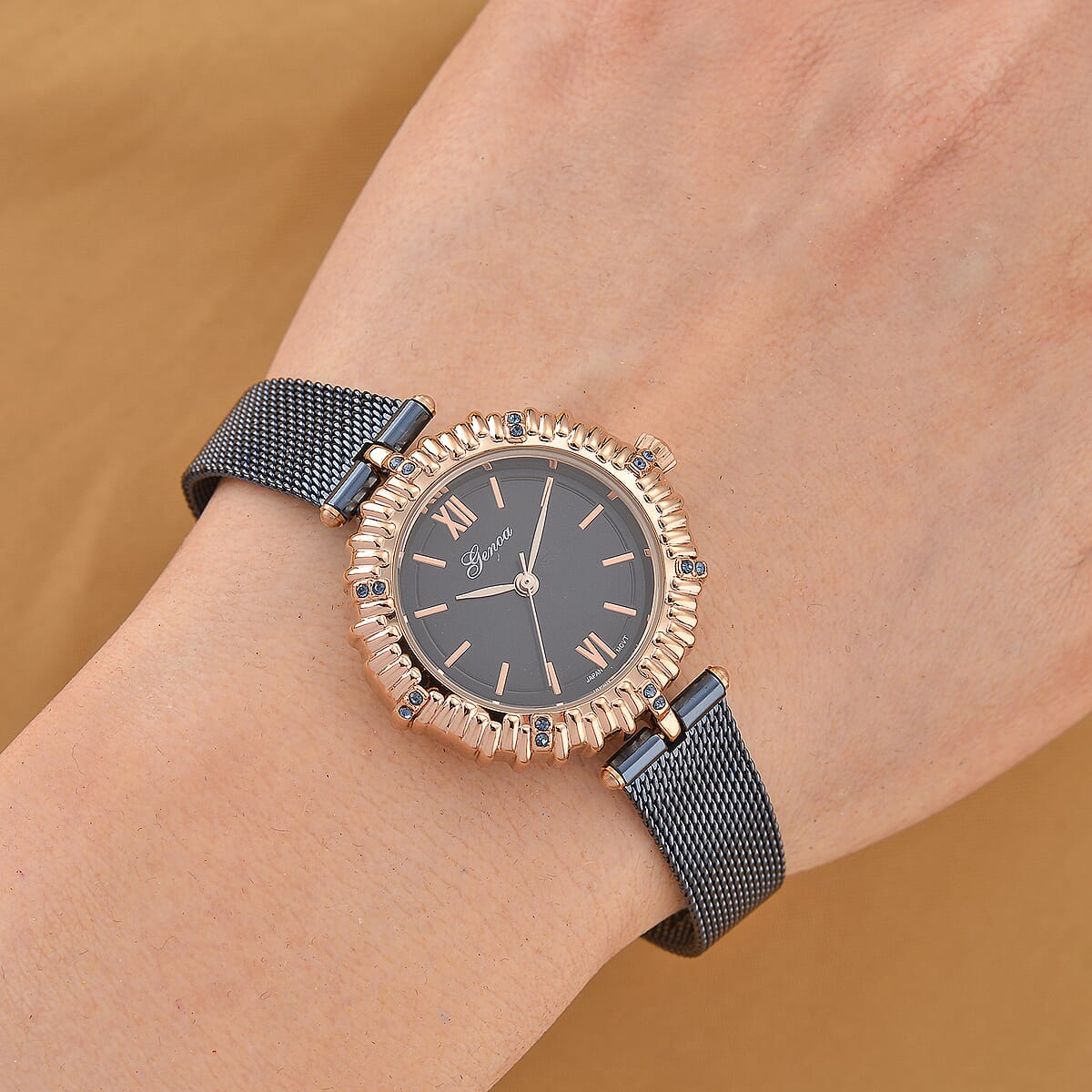 Genoa Blue Austrian Crystal Japanese Movement Watch with ION Plated Blue Stainless Steel Mesh Strap image number 1