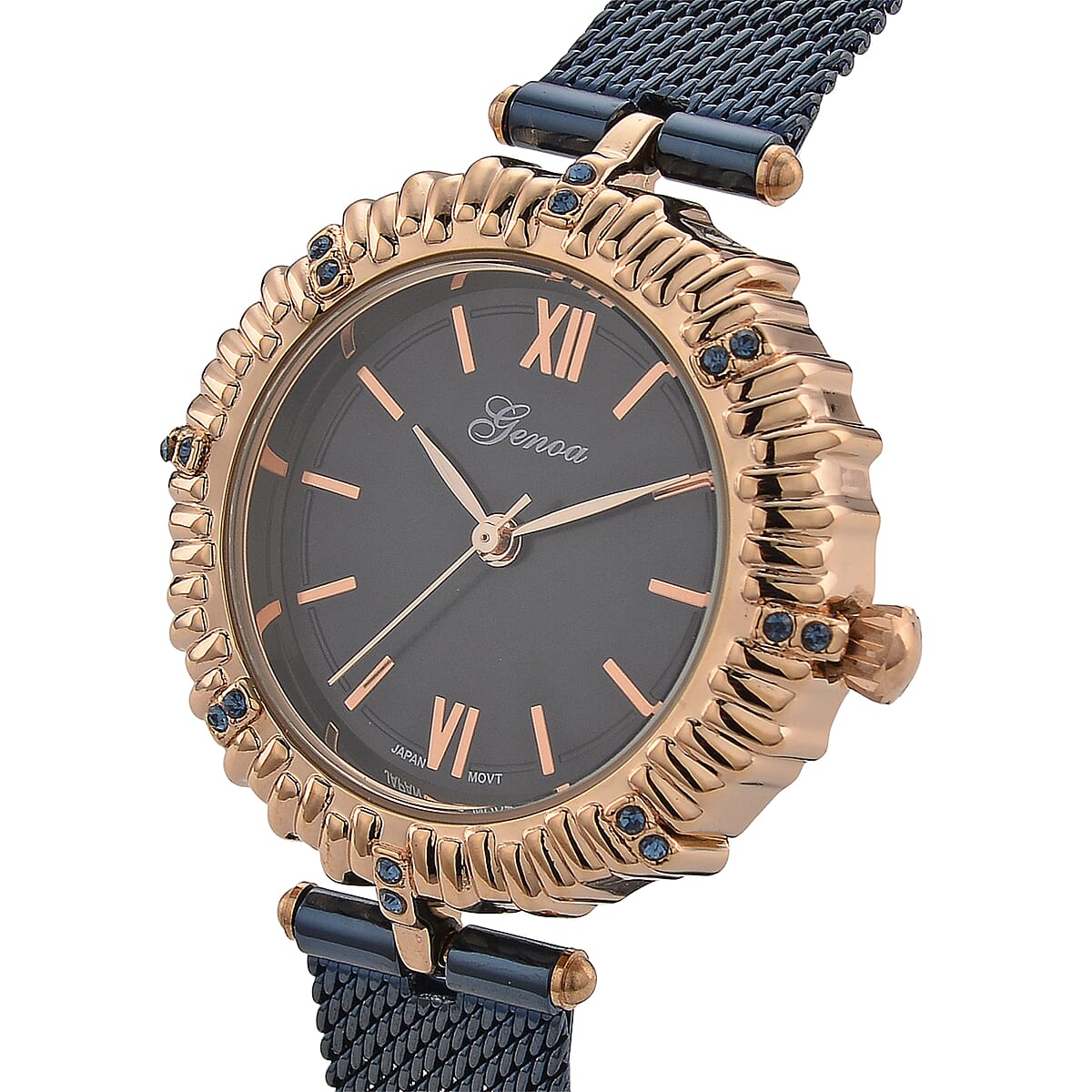 Genoa Blue Austrian Crystal Japanese Movement Watch with ION Plated Blue Stainless Steel Mesh Strap image number 2