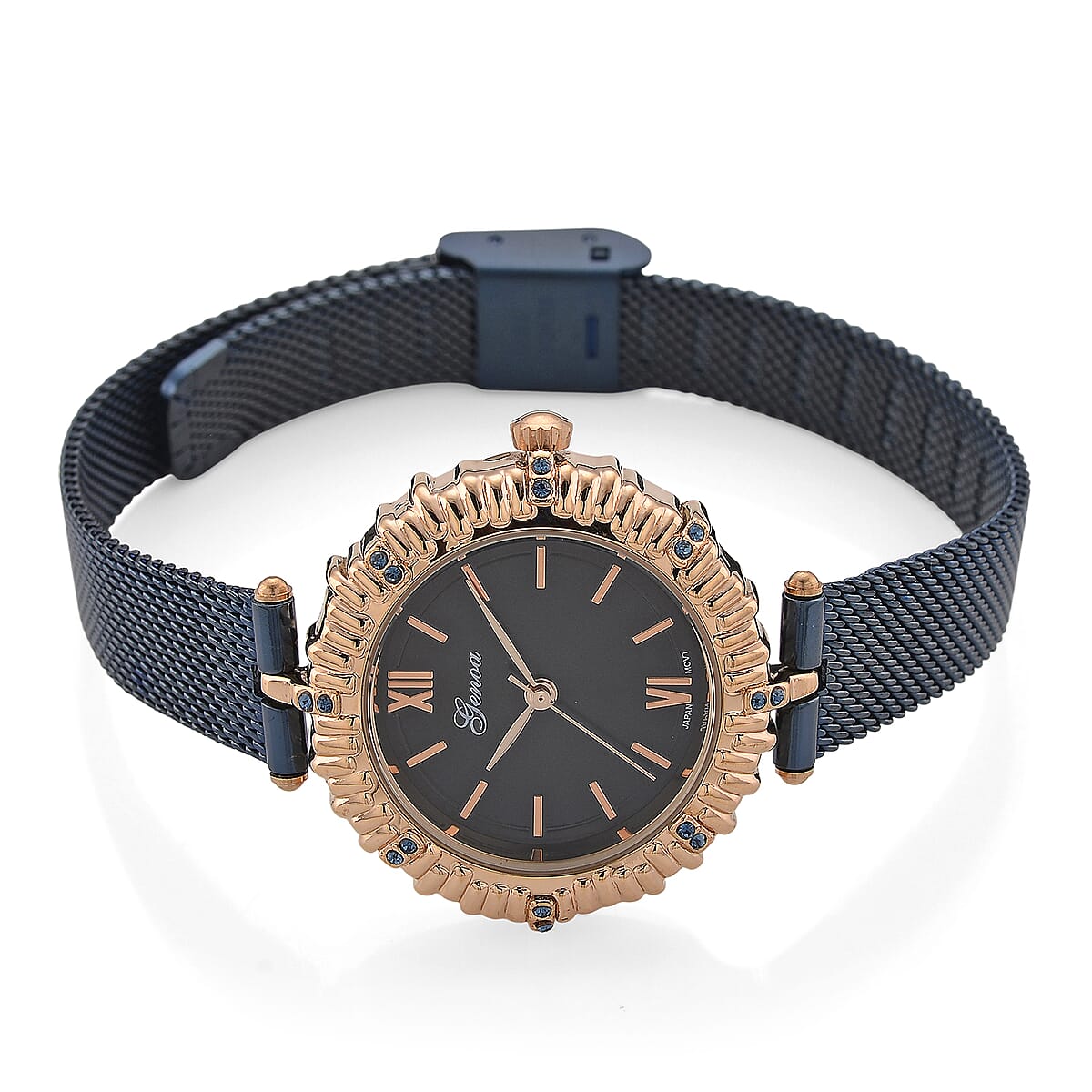 Genoa Blue Austrian Crystal Japanese Movement Watch with ION Plated Blue Stainless Steel Mesh Strap image number 3