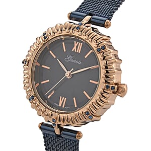 Genoa Blue Austrian Crystal Japanese Movement Watch with ION Plated Blue Stainless Steel Mesh Strap