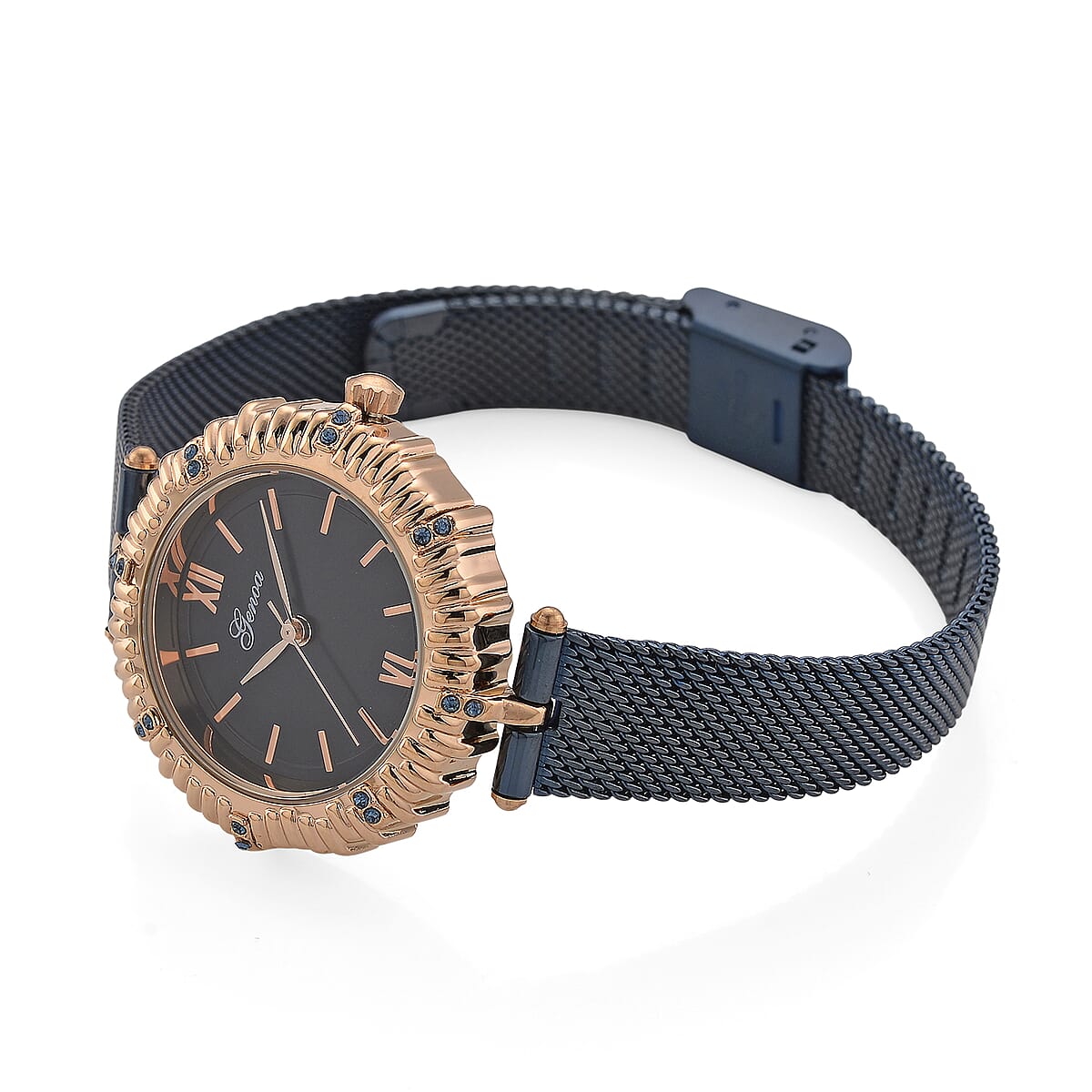 Genoa Blue Austrian Crystal Japanese Movement Watch with ION Plated Blue Stainless Steel Mesh Strap image number 4