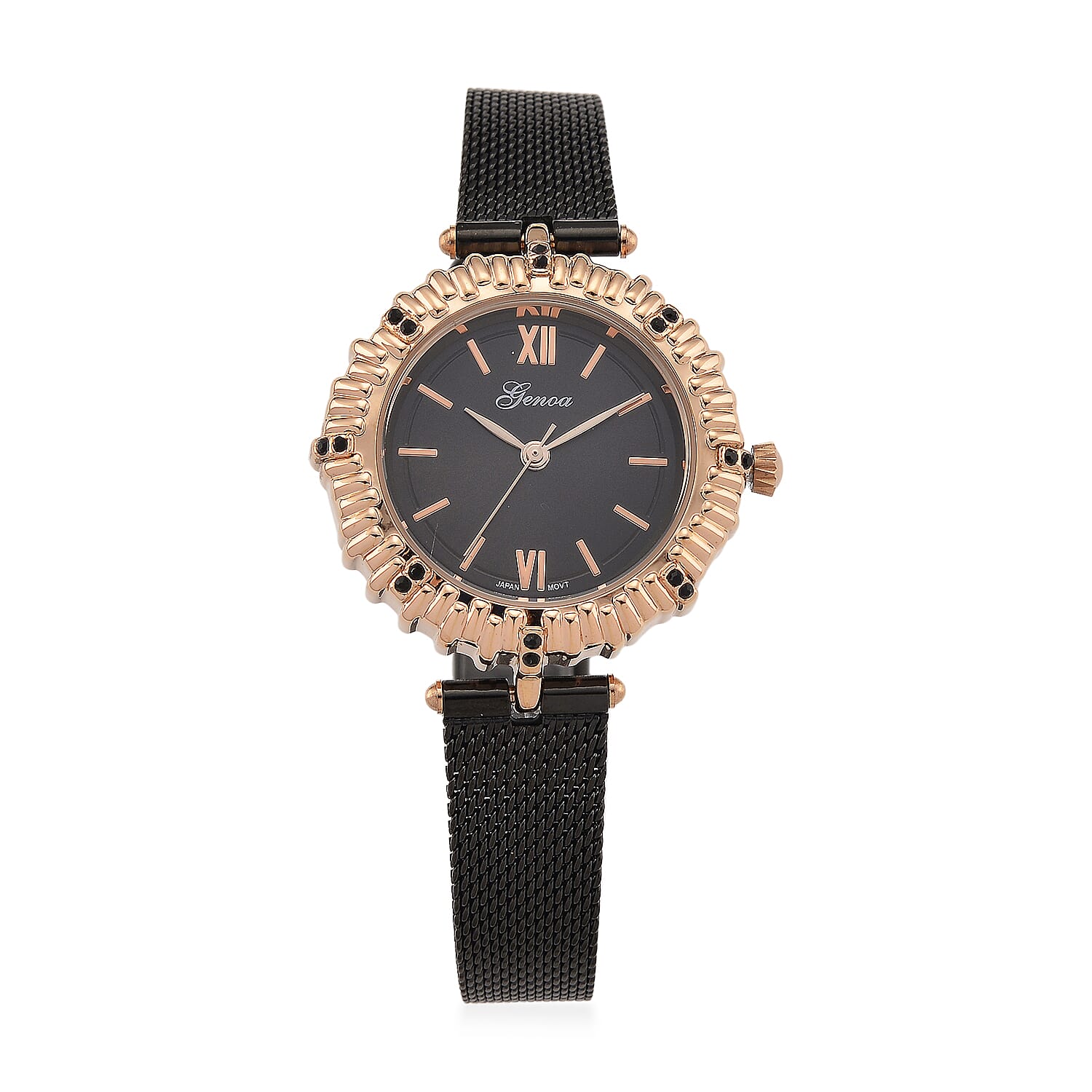 Genoa Black Austrian Crystal Japanese Movement Watch with ION Plated Black Stainless Steel Mesh Strap