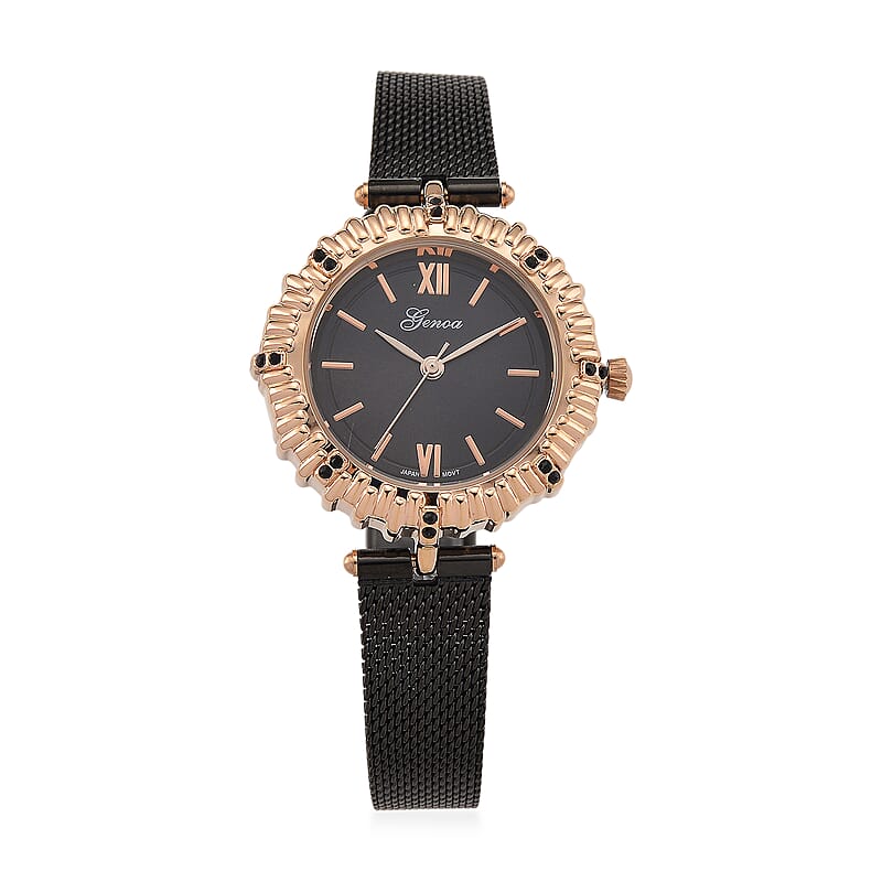 Genoa Black Austrian Crystal Japanese Movement Watch with ION Plated Black Stainless Steel Mesh Strap