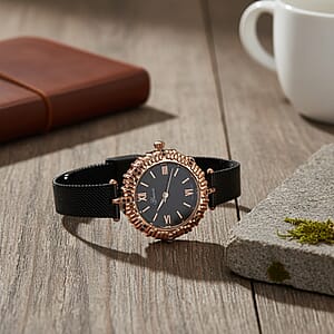 Genoa Black Austrian Crystal Japanese Movement Watch with ION Plated Black Stainless Steel Mesh Strap