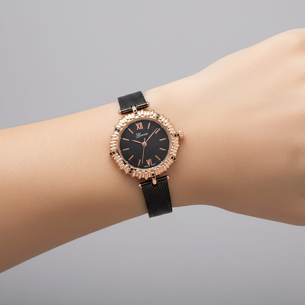 Genoa Black Austrian Crystal Japanese Movement Watch with ION Plated Black Stainless Steel Mesh Strap image number 2