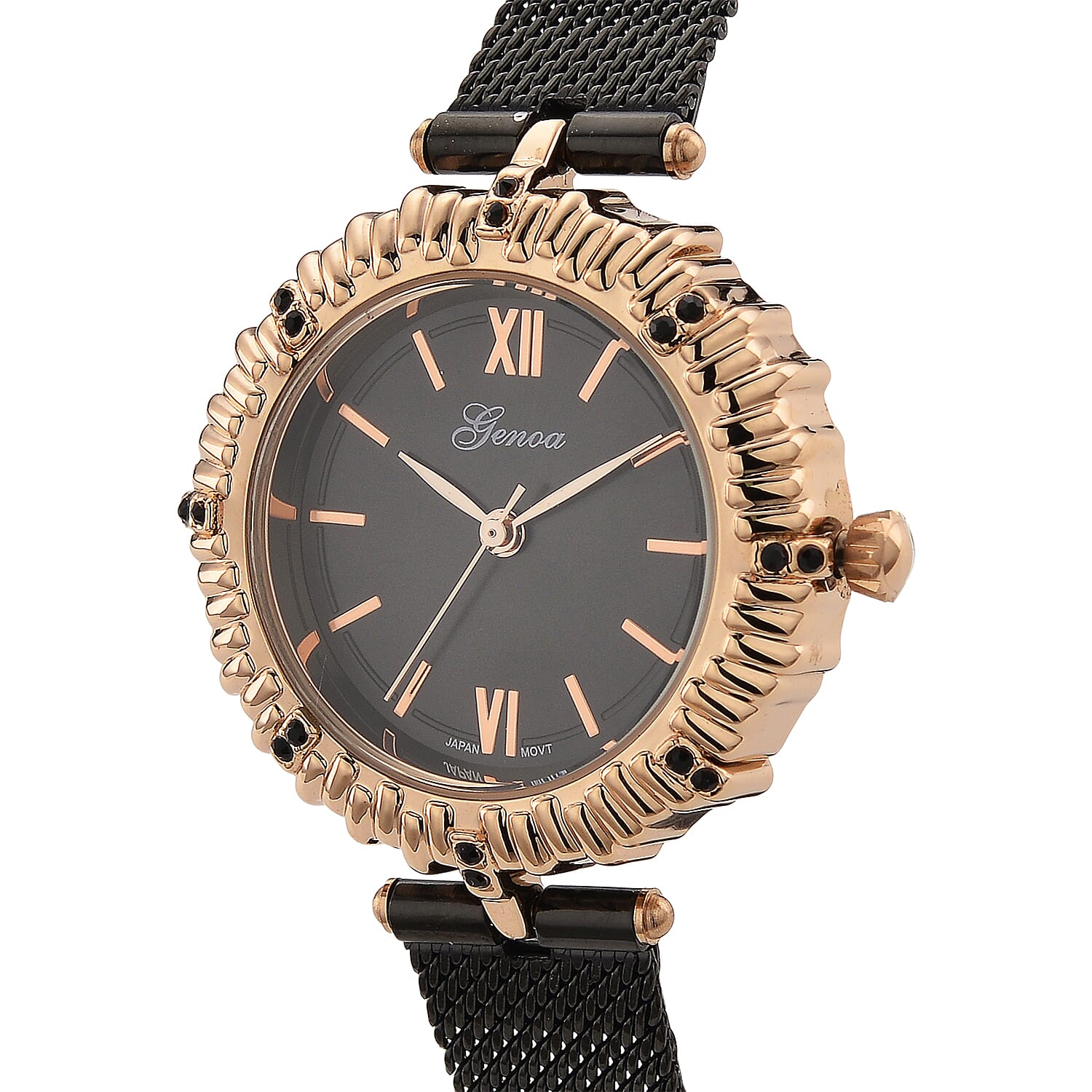 Genoa Black Austrian Crystal Japanese Movement Watch with ION Plated Black Stainless Steel Mesh Strap