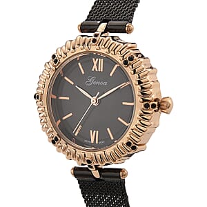 Genoa Black Austrian Crystal Japanese Movement Watch with ION Plated Black Stainless Steel Mesh Strap