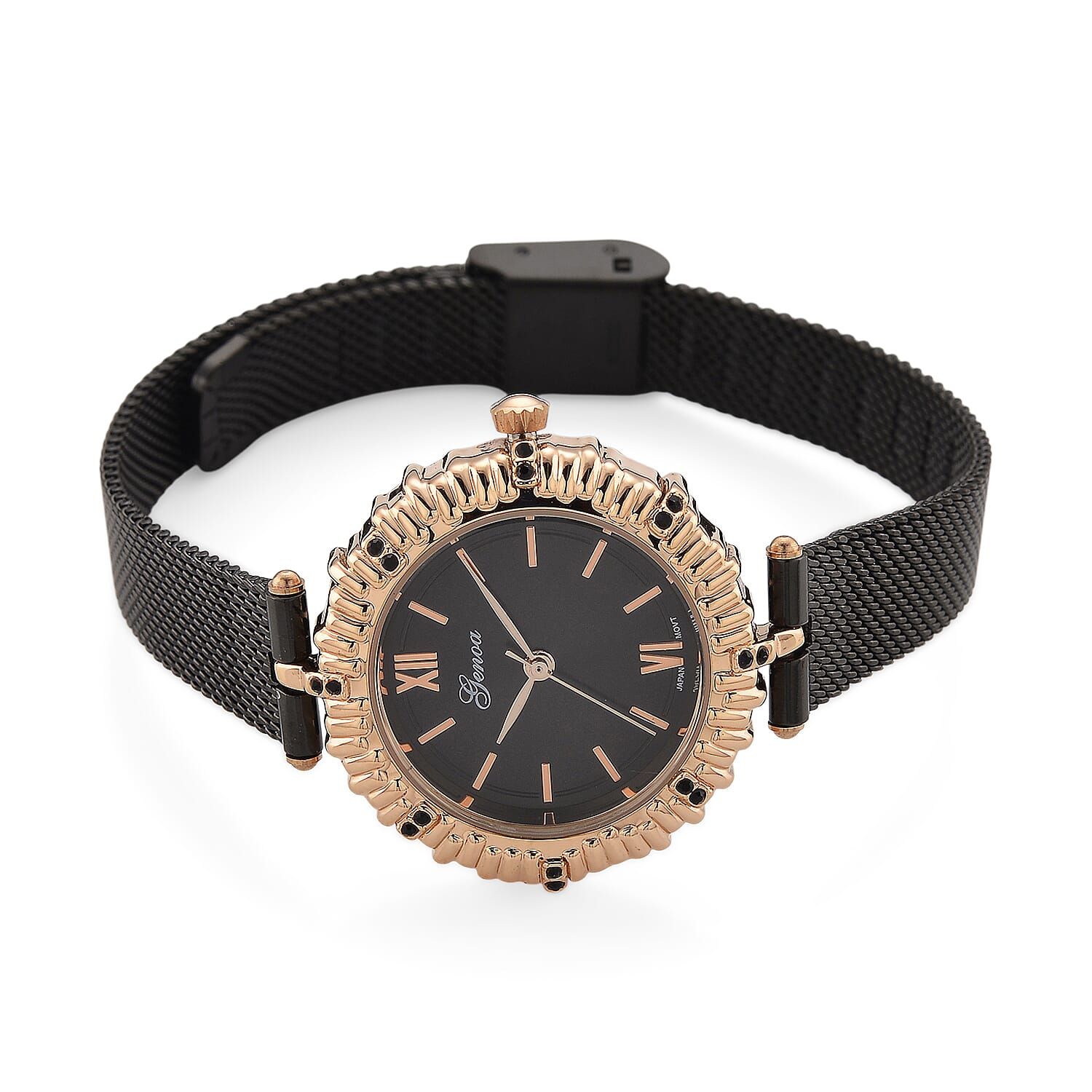 Genoa Black Austrian Crystal Japanese Movement Watch with ION Plated Black Stainless Steel Mesh Strap