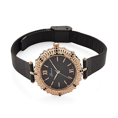 Genoa Black Austrian Crystal Japanese Movement Watch with ION Plated Black Stainless Steel Mesh Strap