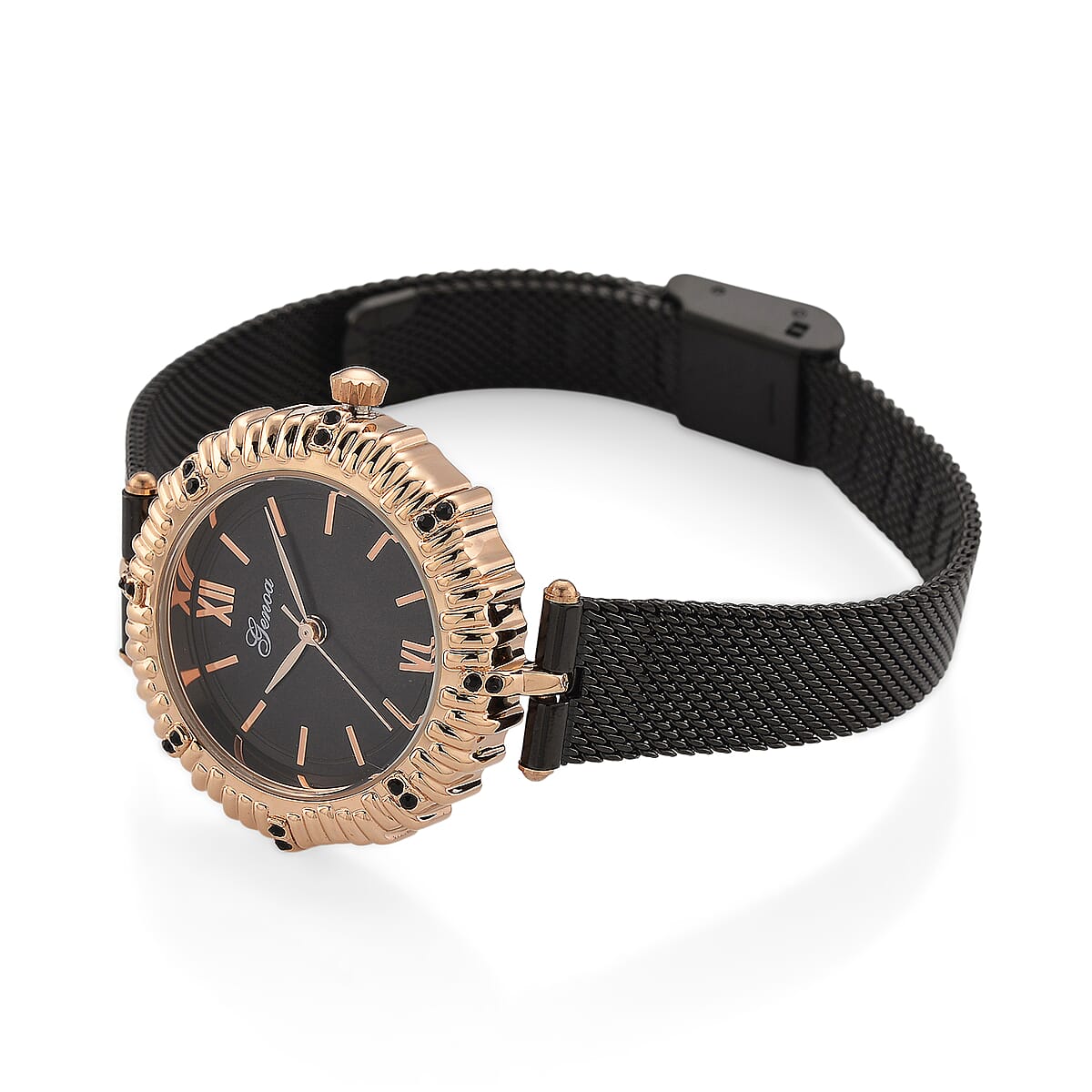 Genoa Black Austrian Crystal Japanese Movement Watch with ION Plated Black Stainless Steel Mesh Strap image number 5