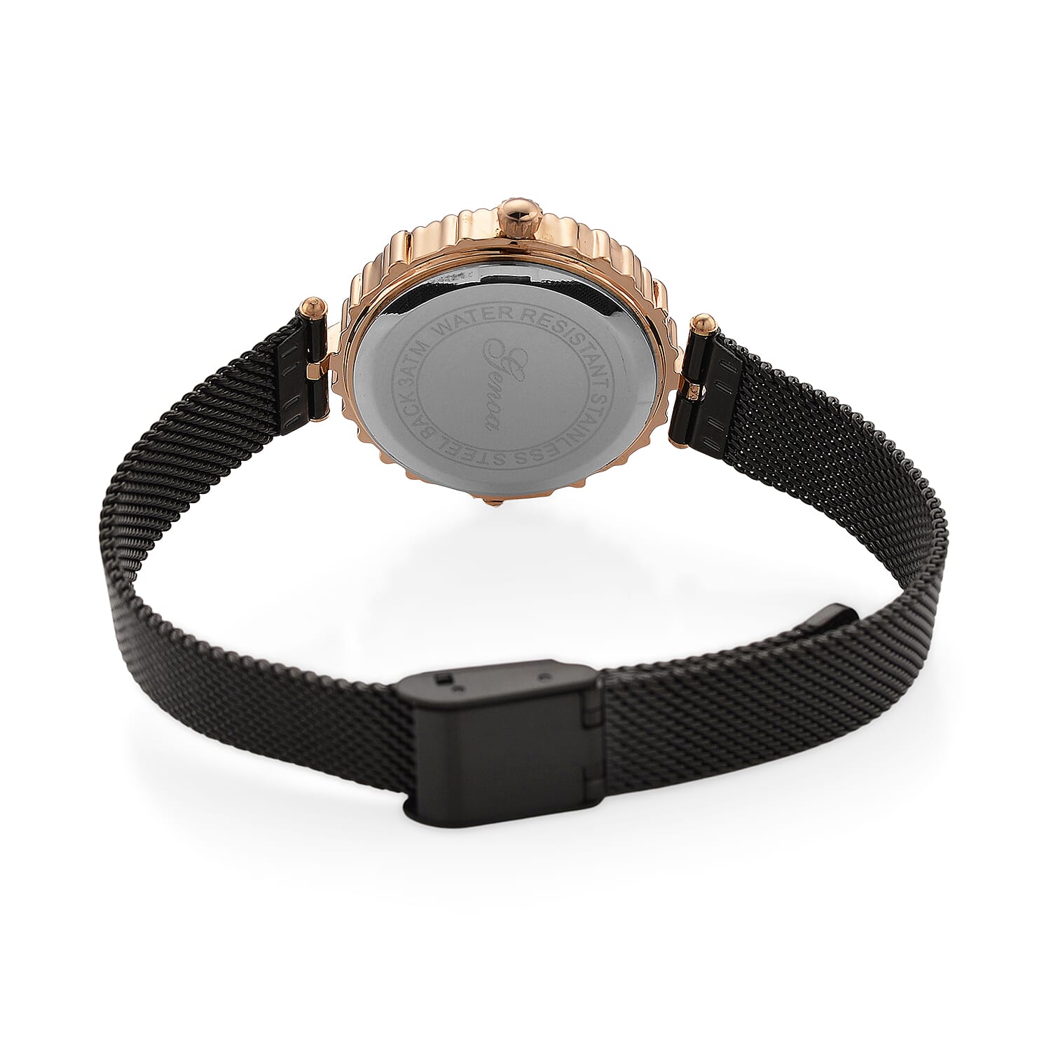 Genoa Black Austrian Crystal Japanese Movement Watch with ION Plated Black Stainless Steel Mesh Strap