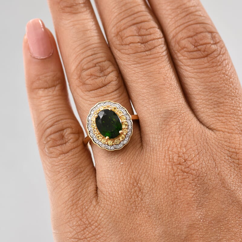 D'Joy Chrome Diopside and Multi Gemstone 3.40 ctw Blooming Ring in 18K Vermeil Yellow Gold Over Sterling Silver (Size 10.0)