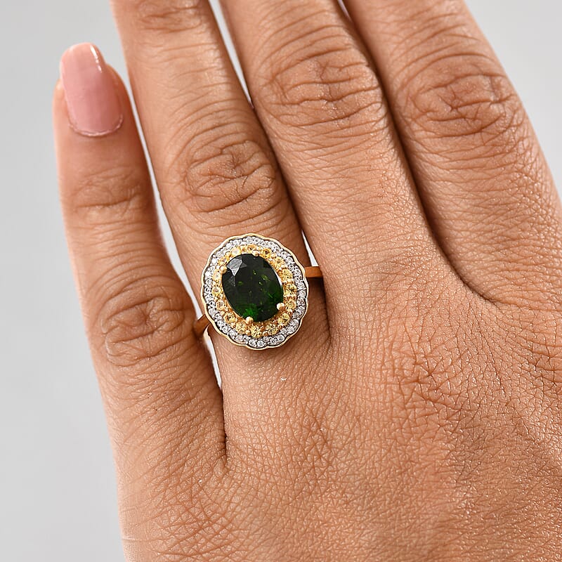 D'Joy Chrome Diopside and Multi Gemstone 3.40 ctw Blooming Ring in 18K Vermeil Yellow Gold Over Sterling Silver (Size 10.0)